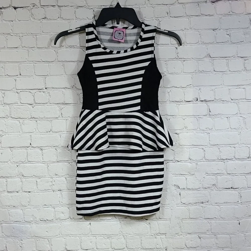 Tween Black White Stripe Jacquard Lace Peplum Dress Bodycon Party Holiday Girls